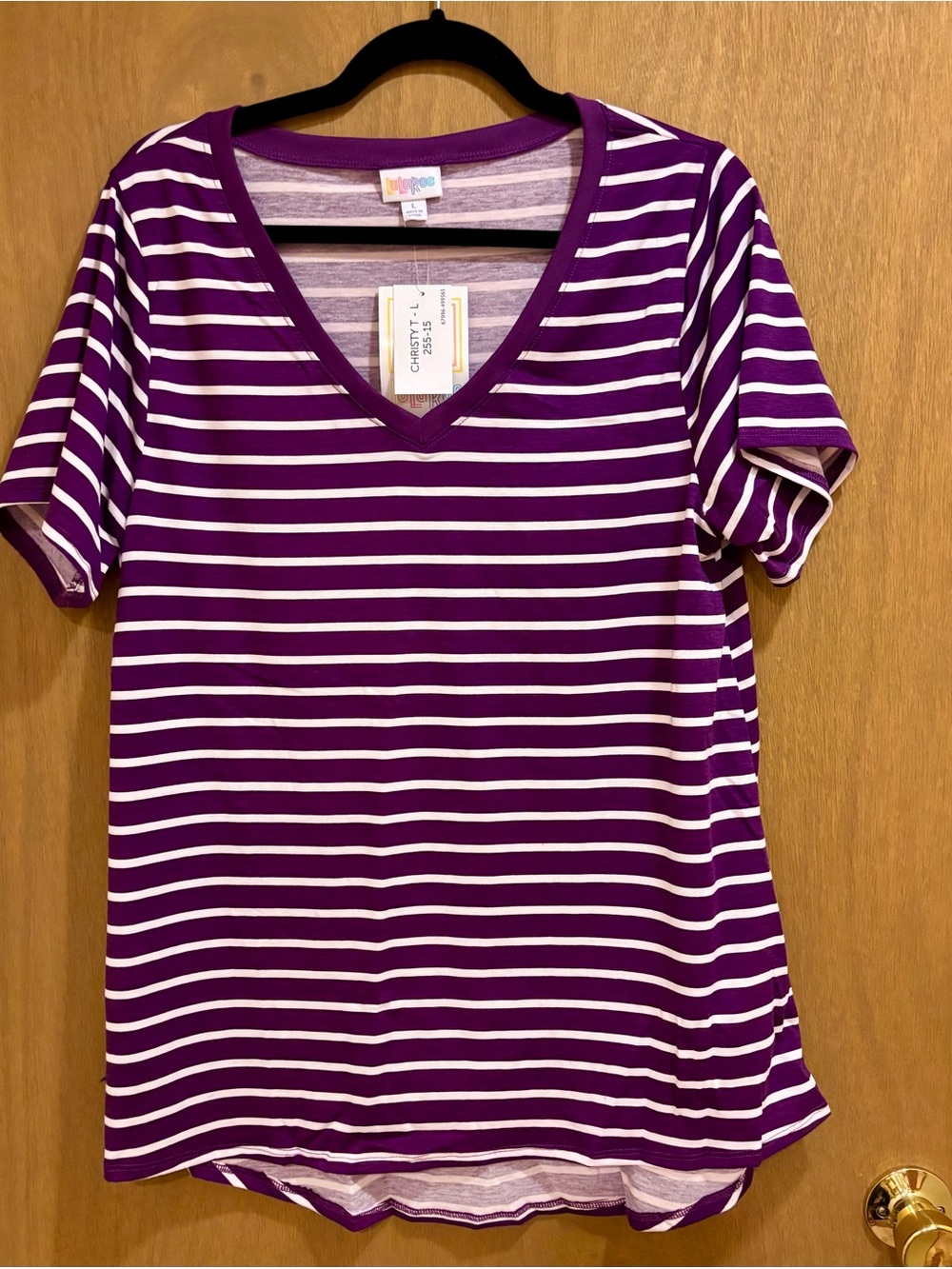 NWT LuLaRoe Christy T Purple and White Striped V-Neck Short Sleeve Top Large